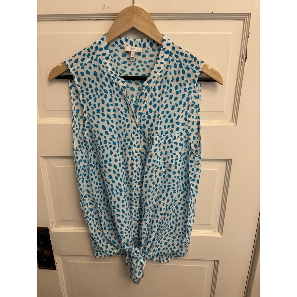 Joie Women's White Blue Patterned Silk Tie Front Sleeveless Top Pocket Sz Small